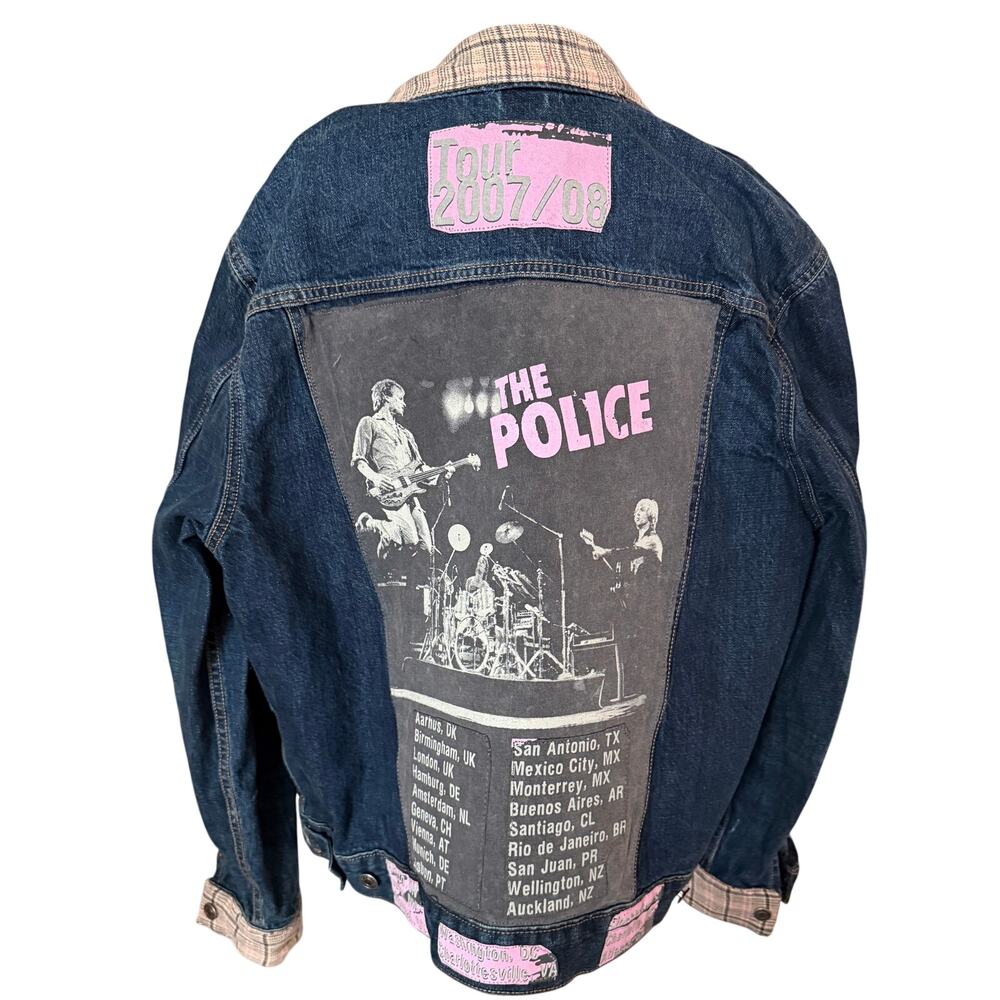 Old Navy Upcycled Denim Jacket W/The Police Graphic & Flannel Accents Size L